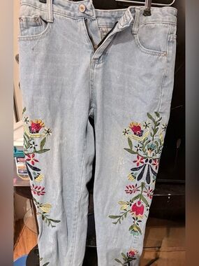 Light Blue Embroidered Ankle Jeans with Floral Accents